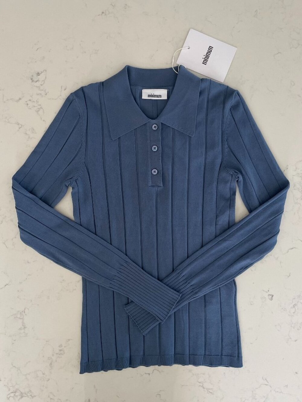 Minimum Pollys 3059 Polo Lg Slv 3 Button Ribbed Knit Polo Shirt Med Blue Sz XS